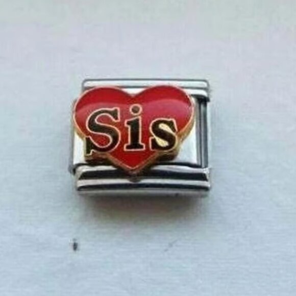Sis on red enamel heart 9mm stainless steel Italian charm bracelet link new - Picture 1 of 2
